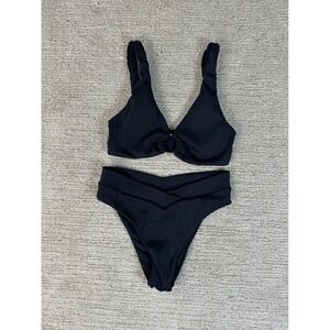 Summerful Black Ribbed Bikini Set Ring Front Top Crossover High Waist Small